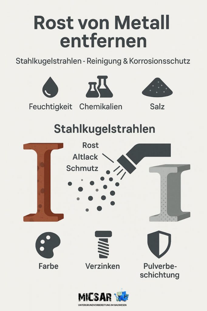 Rost von Stahl entfernen – verschiedene Methoden wie Stahlkugelstrahlen, Sandstrahlen, chemische Rostentferner, Bürsten und Hydroblasting für effektiven Korrosionsschutz